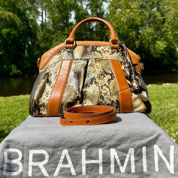 Brahmin Vintage Louise Rose Sable Anaconda Handbag Leather Roses, Shoulder Strap - Picture 1 of 16